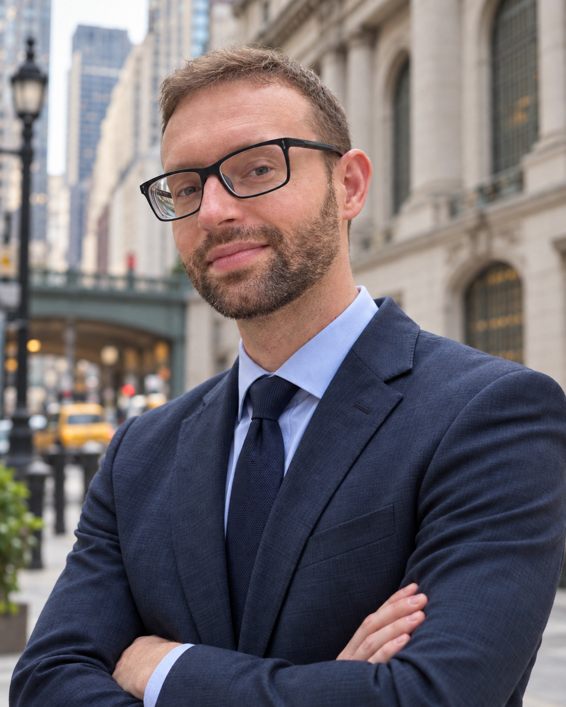 Vincent Guglielmo wearing a navy suit on a Manhattan sidewalk